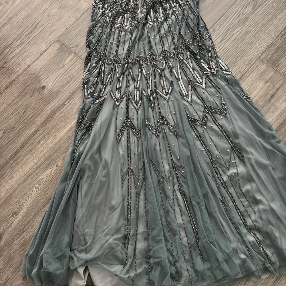 Adrianna Papell Beaded Halter Gown in Dusty Teal and Silver - Picture 3 of 9